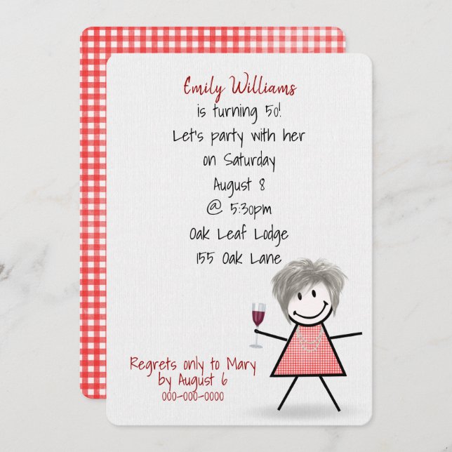 50th Birthday Party Girl with Wine    Invitation (Front/Back)
