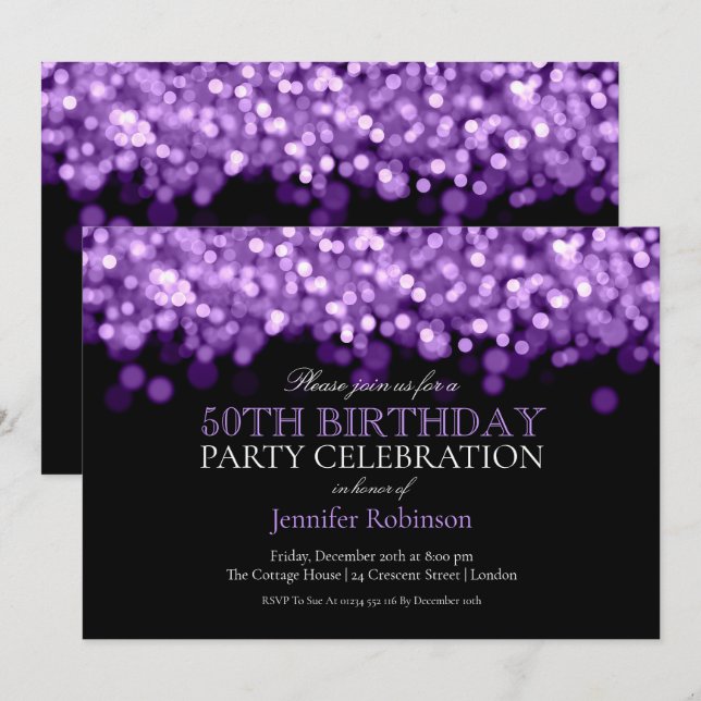 50th Birthday Party Glam Purple Lights Invitation (Front/Back)