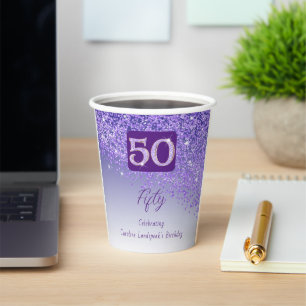 50th Birthday Party Gleaming Purple Glitter Paper Cups