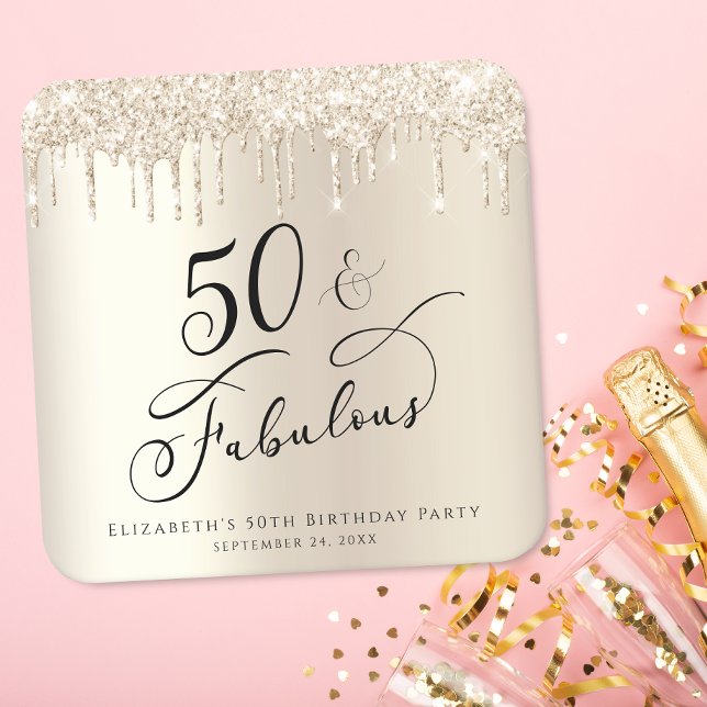 50th Birthday Party Glitter Gold  Square Paper Coaster (Creator Uploaded)