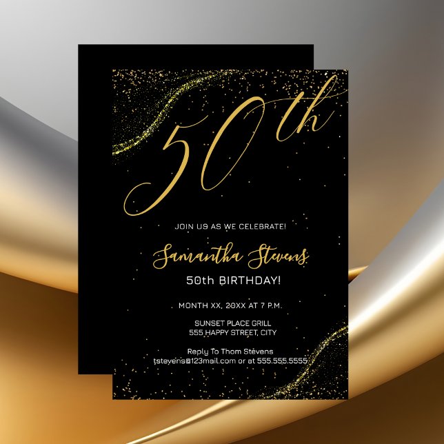 50th Birthday Party Gold and Black Invitation (Gold 50th Birthday Party Invitation on Black)