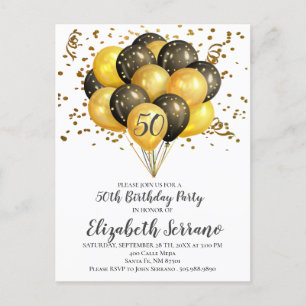 50th birthday Party Gold & Black Balloons Confetti Invitation Postcard