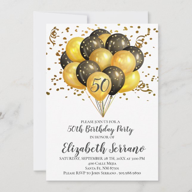 50th Birthday Party Gold & Black Balloons On White Invitation (Front)