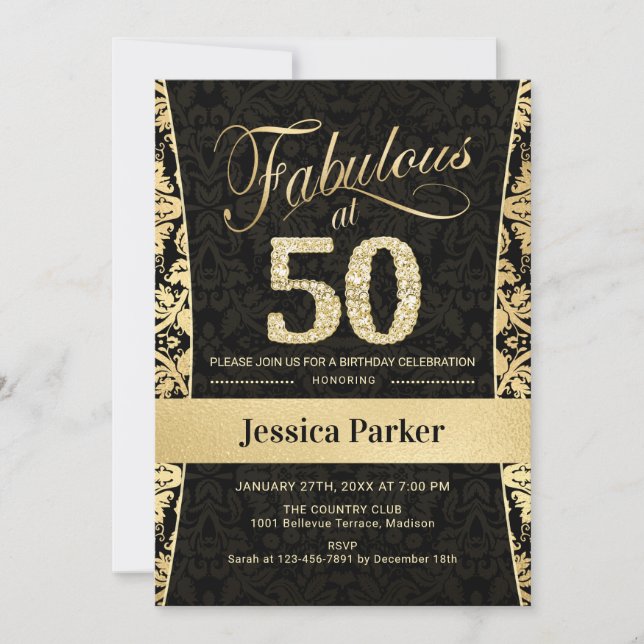 50th Birthday Party - Gold Black Invitation (Front)
