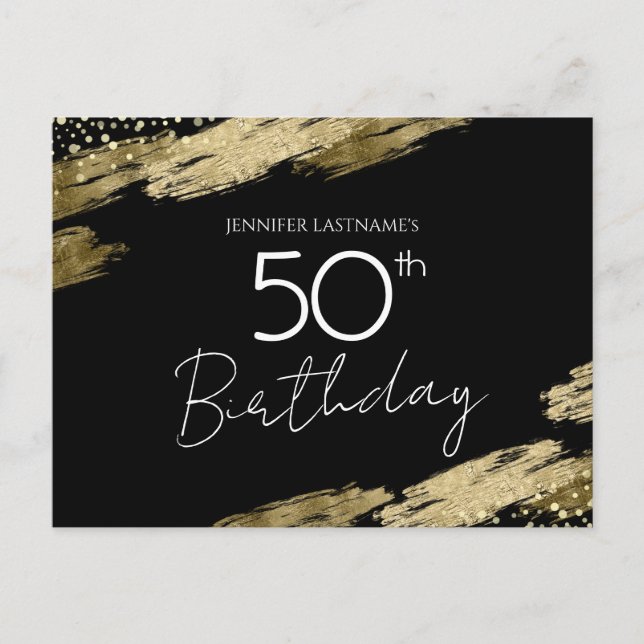 50th Birthday Party Gold Black Invitation Postcard (Front)