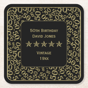 50th Birthday Party Gold/Black Pattern Square Paper Coaster