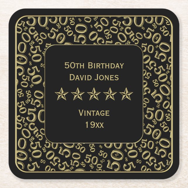 50th Birthday Party Gold/Black Pattern Square Paper Coaster (Front)