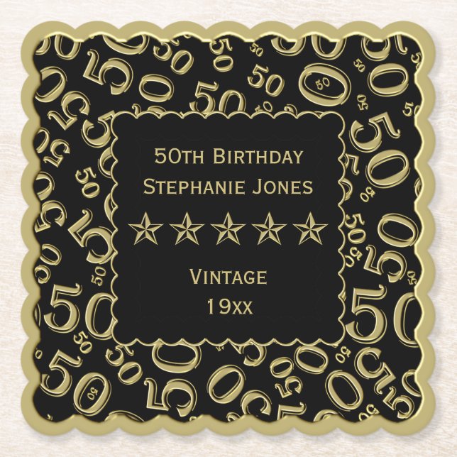 50th Birthday Party Gold/Black Pattern Theme Paper Coaster (Front)
