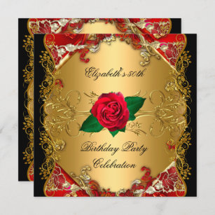 50th Birthday Party Gold Black Red Roses Invitation