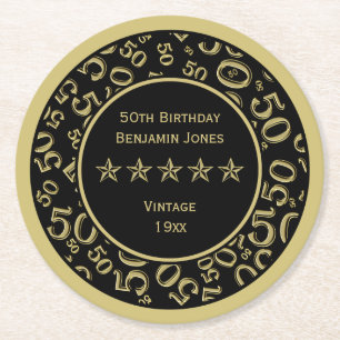 50th Birthday Party Gold/Black Round Pattern Paper Coaster