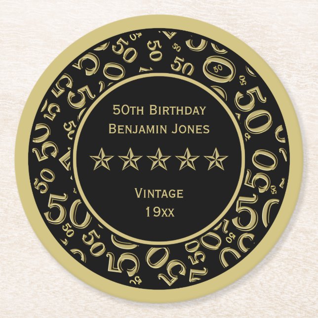 50th Birthday Party Gold/Black Round Pattern Paper Coaster (Front)