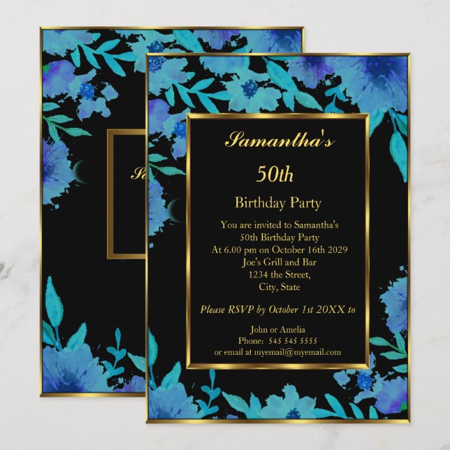 50th Birthday Party Gold Blue Flower Floral Invitation (Front/Back)