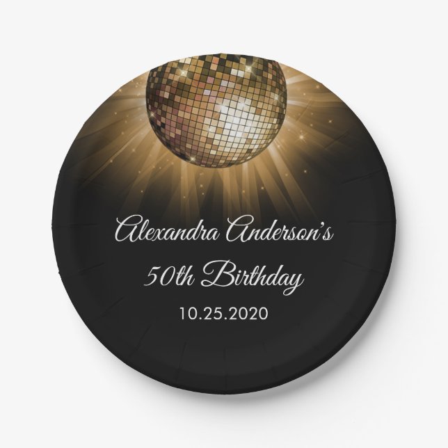 50th Birthday Party Gold Disco Ball Paper Plate (Front)