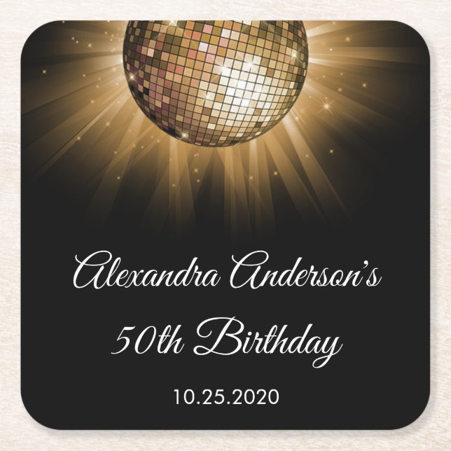 50th Birthday Party Gold Disco Ball Square Paper Coaster (Front)
