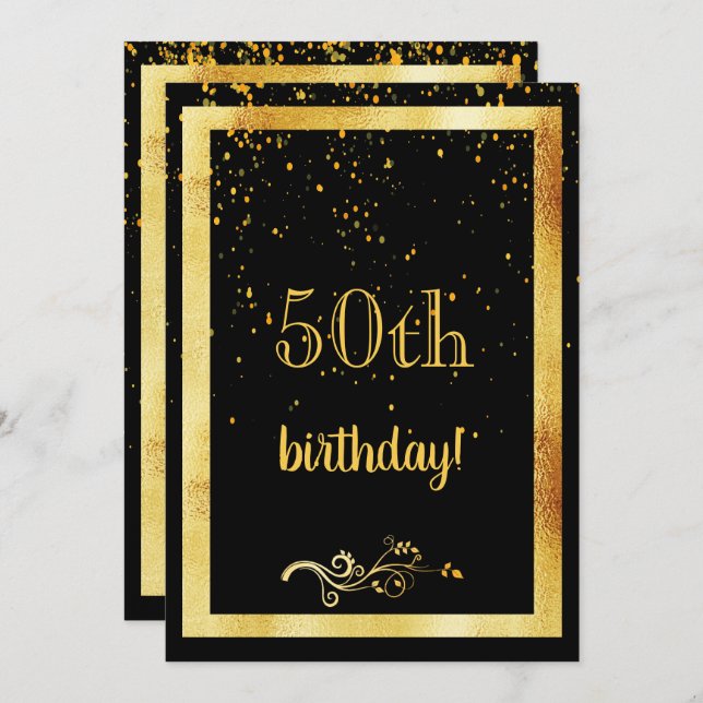 50th birthday party gold frame black invitation (Front/Back)