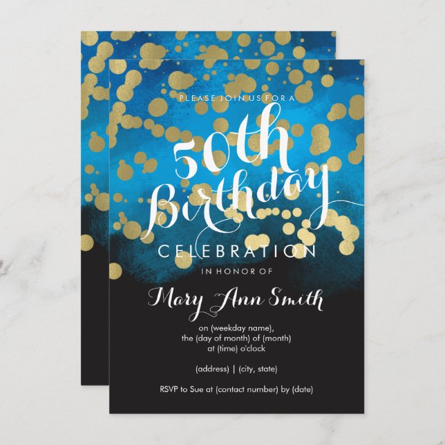 50th Birthday Party Gold Glitter Blue Watercolor Invitation (Front/Back)