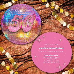 50th Birthday Party Gold Pink Glitter Disco Ball Invitation