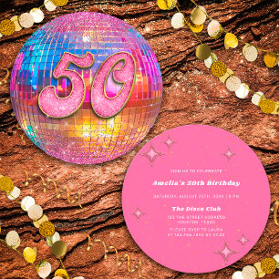 50th Birthday Party Gold Pink Glitter Disco Ball Invitation