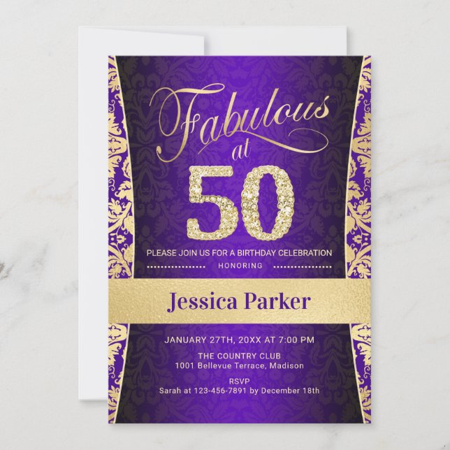 50th Birthday Party - Gold Purple Invitation (Front)