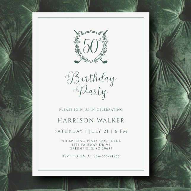 50th Birthday Party Golf Crest Elegant Script  Invitation (Clean crest design with a modern golf twist. Easy to personalize in minutes.)