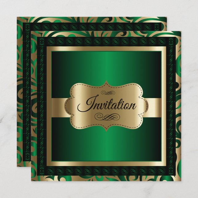 50th Birthday Party | Green Metallic & Gold Invitation (Front/Back)