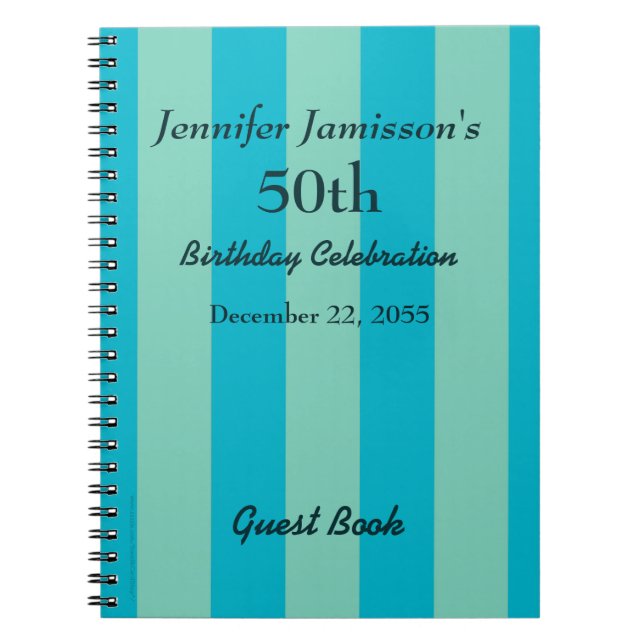 50th Birthday Party Guest Book Blue & Green Stripe (Front)