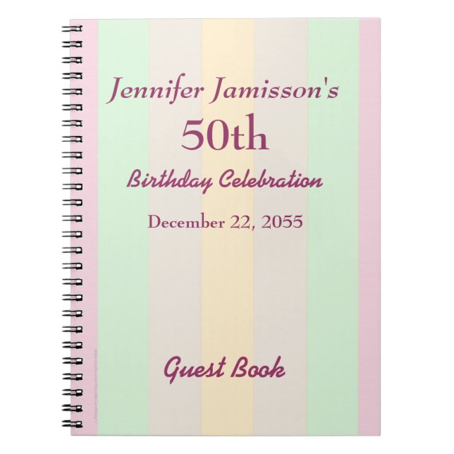 50th Birthday Party Guest Book Pastel Stripe (Front)