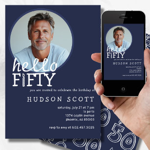 50th Birthday Party Hello Fifty Photo Navy Blue Invitation