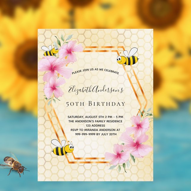 50th birthday party honeycomb sweet bumble bees postcard (Creator Uploaded)
