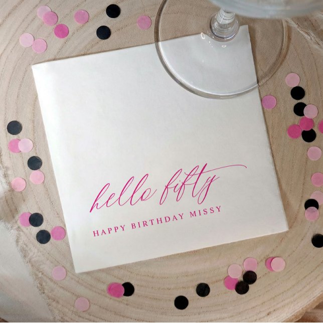 50th Birthday Party Hot Pink Hello 50 Modern Napkin (Pink hello 50 stylish script 50th birthday party napkins)