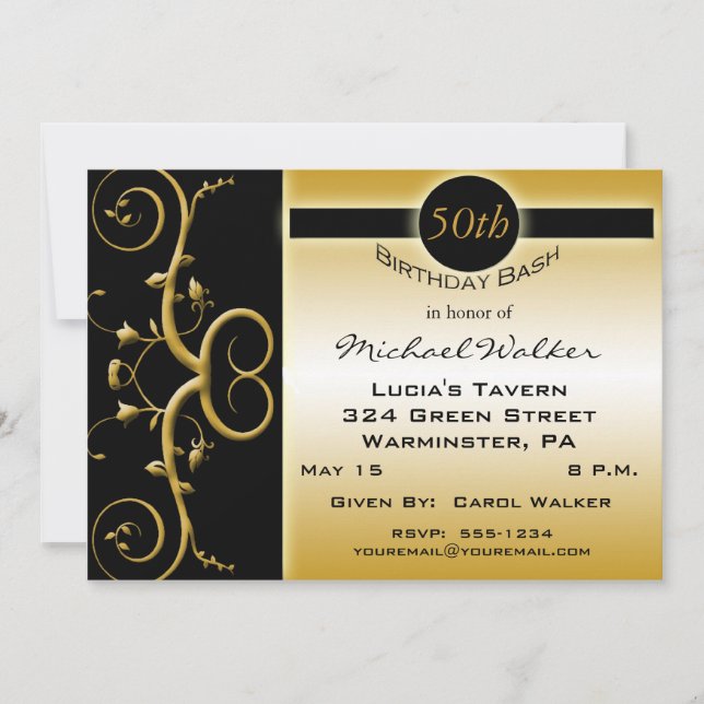 50th Birthday Party in Elegant Black and Gold Invitation (Front)