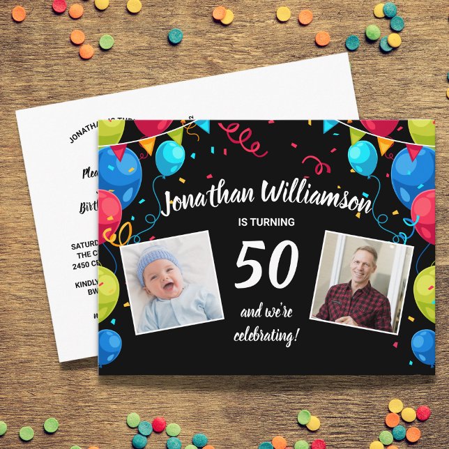 50th Birthday Party Invitation, 2 Photos, Balloons Postcard (Creator Uploaded)