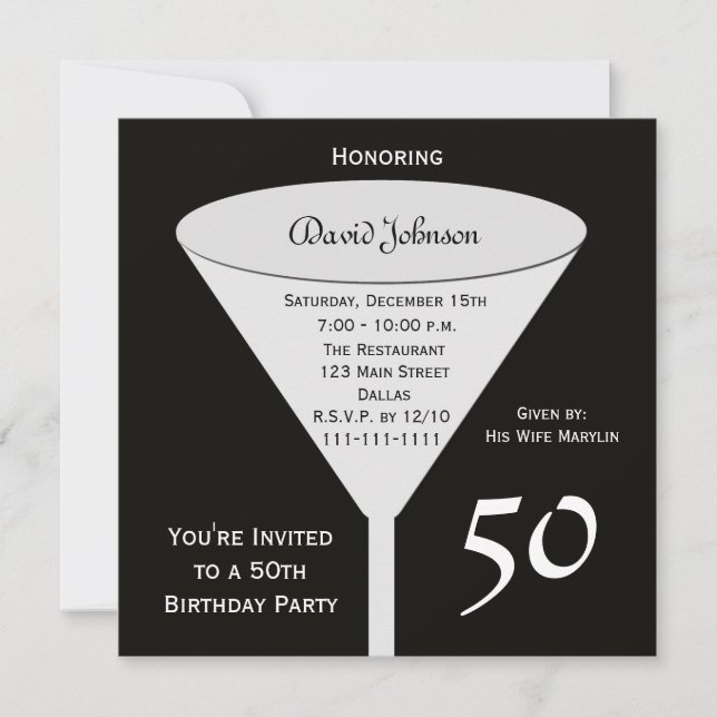 50th Birthday Party Invitation 50 in Black (Front)