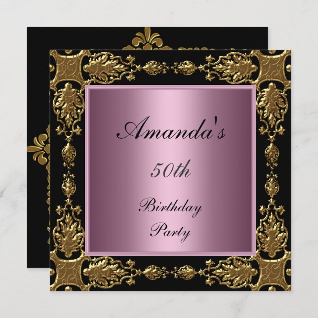 50th Birthday Party Invitation  pink black gold (Front/Back)