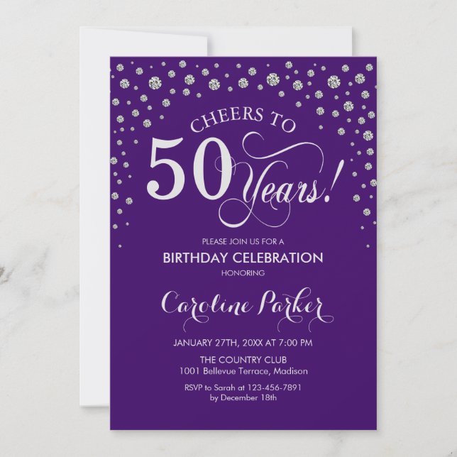 50th Birthday Party Invitation - Silver Purple (Front)