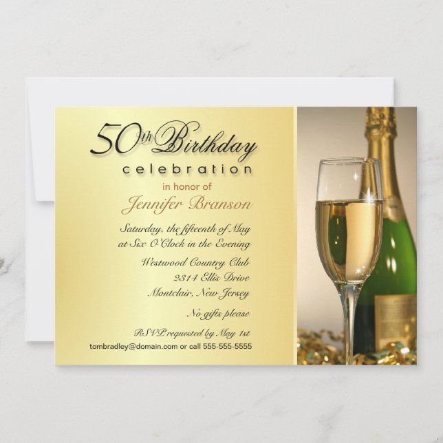50th Birthday Party Invitations - Champagne Gold (Front)