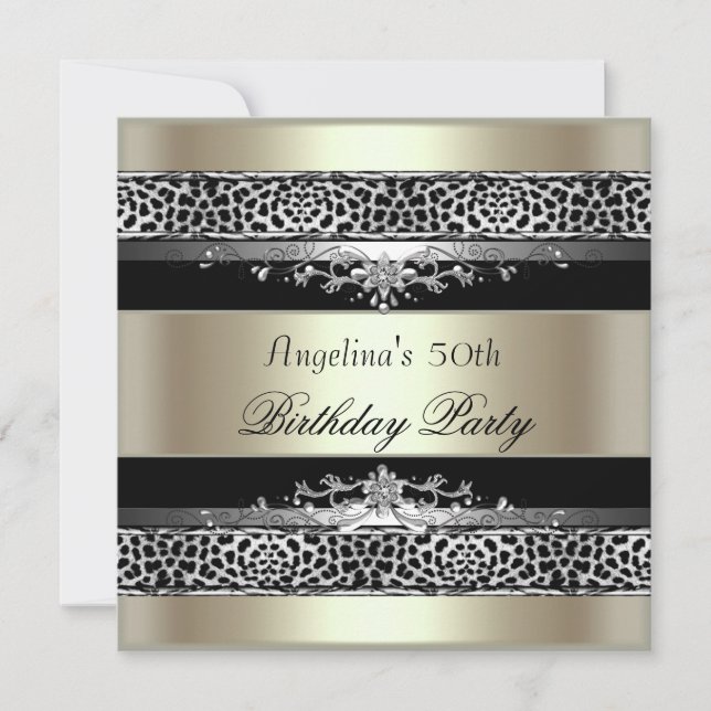 50th Birthday Party Leopard Black Mint Gold Cream Invitation (Front)