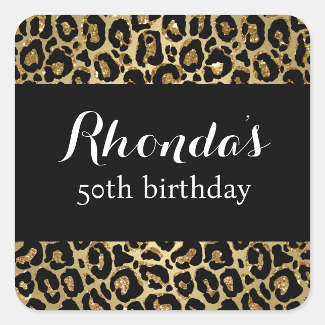 50th birthday party leopard print black gold  square sticker (Front)