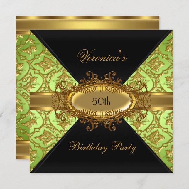 50th Birthday Party Lime Green Gold Black Damask Invitation (Front/Back)