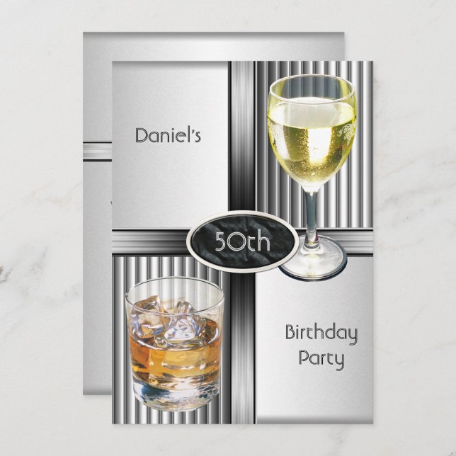 50th Birthday Party Mens Drinks Metal Black Silver Invitation (Front/Back)