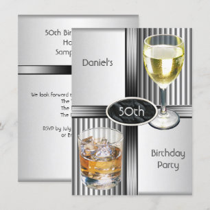 50th Birthday Party Mens Drinks Metal Black Silver Invitation