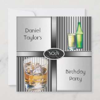 50th Birthday Party Mens Drinks Metal Black Silver Invitation