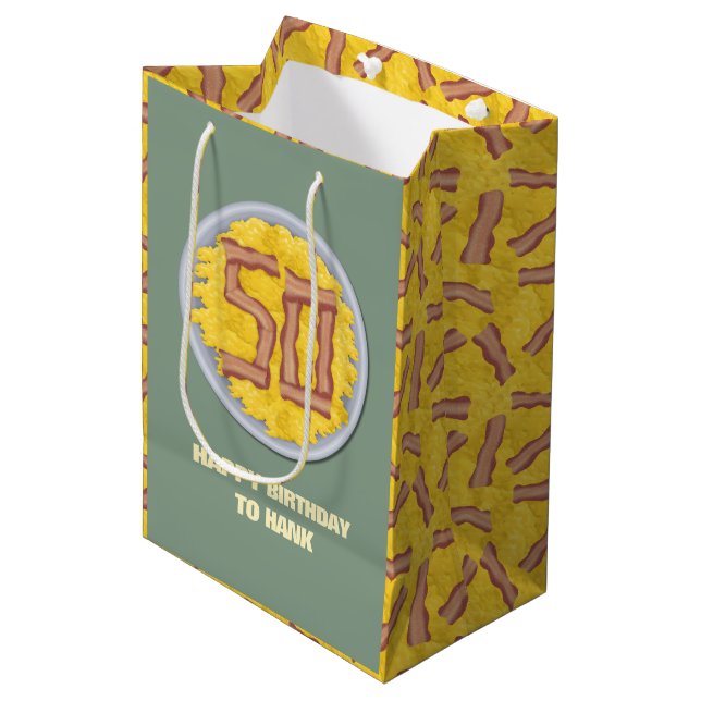 50th Birthday Party Mens Funny Bacon Eggs Medium Gift Bag (Front Angled)