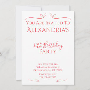 50th Birthday Party Minimal Modern Pink Red Invitation