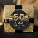 50th Birthday Party Modern Black and Gold Classic Round Sticker<br><div class="desc">Bring a splash of glam to the celebration with this vibrant 50th birthday sticker, radiating gold sparkles, confetti, and glitter for a party-ready vibe! This chic design features a bold gold '50' in elegant typography alongside the celebrant's name in a stylish, modern script for that personal touch. Perfect for adding...</div>