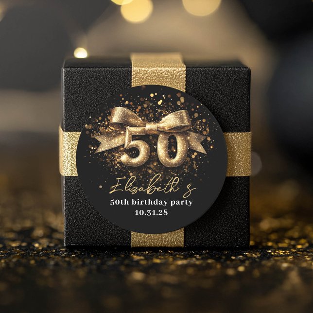  50th Birthday Party Modern Black and Gold Classic Round Sticker (50th birthday stickers)