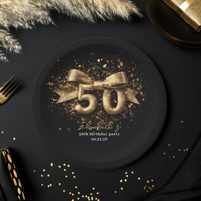  50th Birthday Party Modern Black and Gold Paper Plate (50th Birthday Paper Plates Gold and Black)