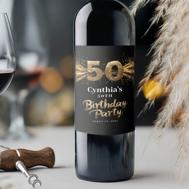  50th Birthday Party Modern Black and Gold Wine Label (50th Birthday Wine Labels)
