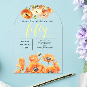 50th Birthday Party Modern Garden Orange Flowers Acrylic Invitations