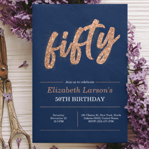 50th Birthday Party Modern Gold & Blue   Fifty Invitation